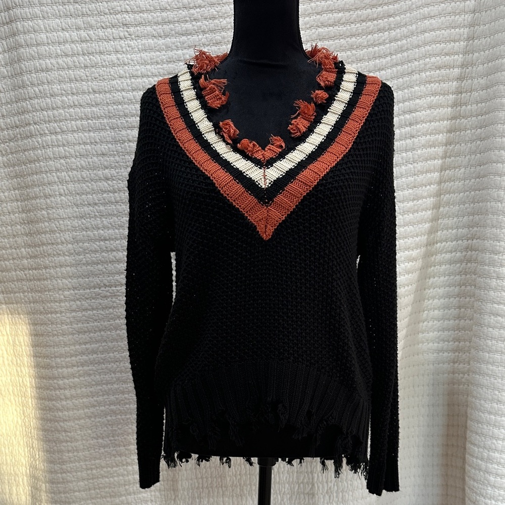 Elan Black Knit with Orange and Cream V-Neck Fringed Hem Sweater